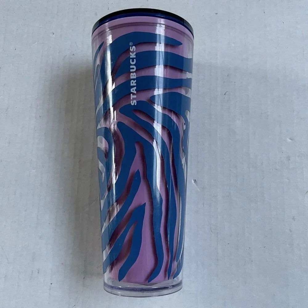 Starbucks Summer 2021 Pink Blue Zebra Print Venti 24oz Tumbler Cold Cup No Straw